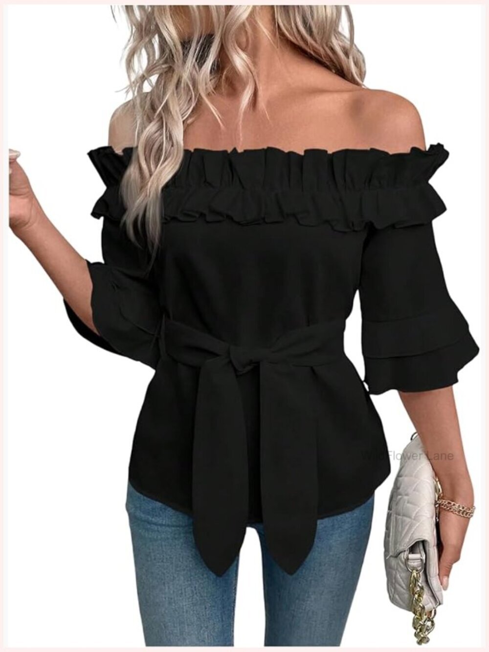 Off Shoulder Blouse Half Sleeve Ruffle Trim Tiered Layer Belted Going Out Top